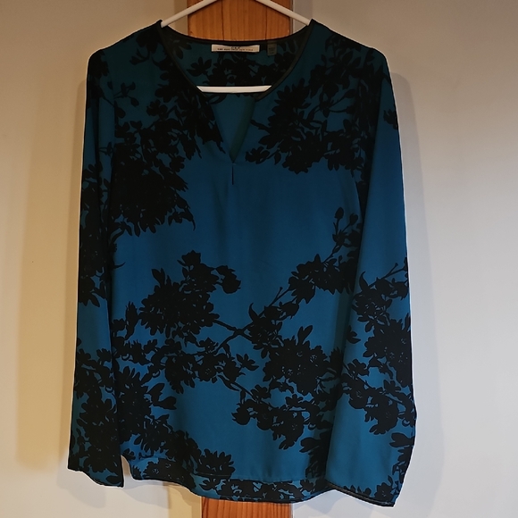 Dex Tops - Dex Teal and Black Floral V-Neck Long Sleeve Blouse